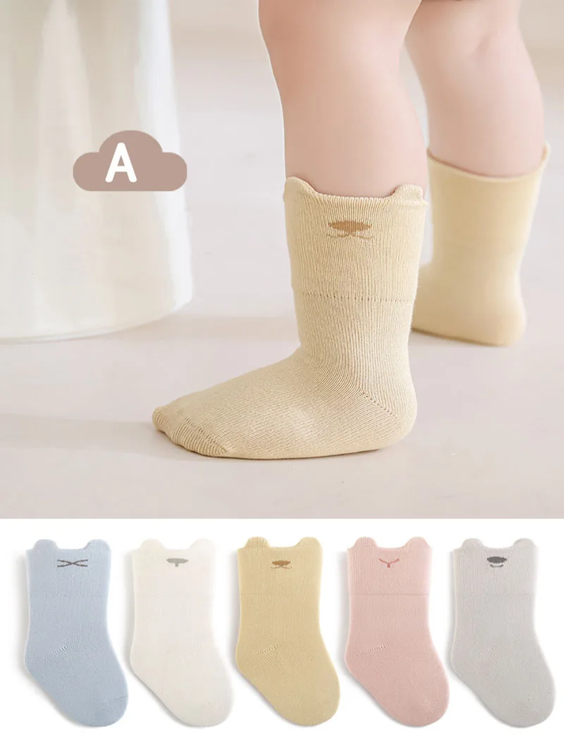 5 pares por lote de calcetines de otoño para bebé 0-3T calcetines finos de Color sólido con dibujos animados para niños pequeños versión coreana calcetines infantiles en tubo