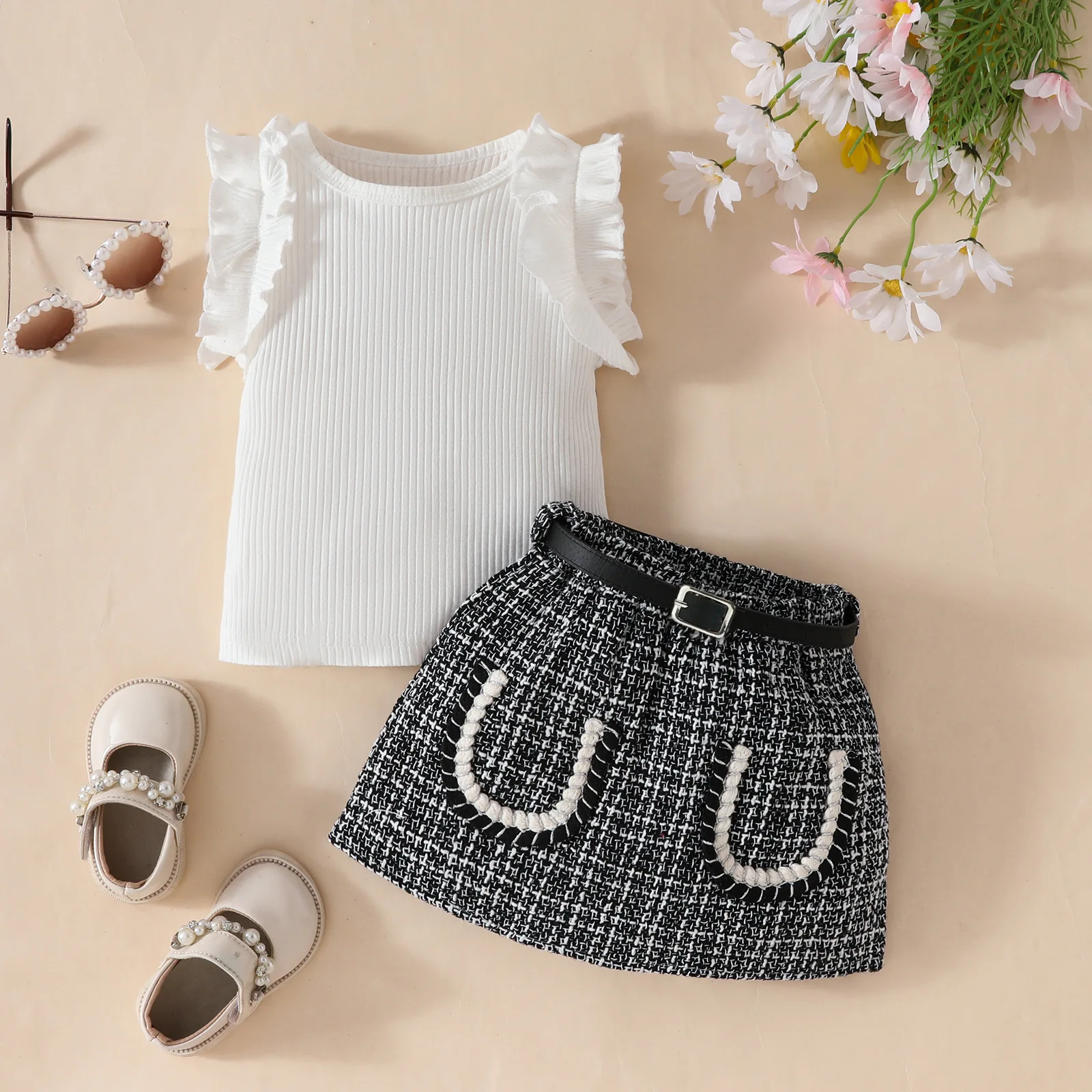 Conjuntos de 3 piezas de ropa de verano para niño niña, moda coreana, Tops negros sin mangas para bebé, falda a cuadros y cinturón, ropa de Boutique para niños BC2229 - imagen 4