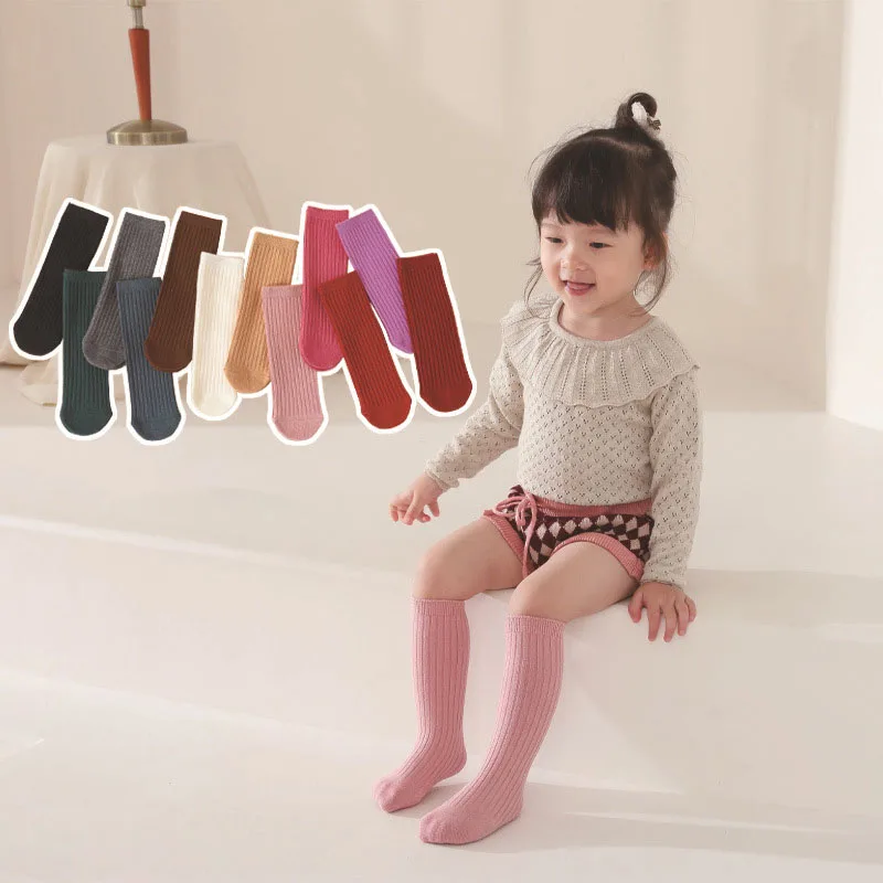 Calcetines rectos de primavera para niños de 0 a 6T, versátiles, 12 colores, calcetines hasta la pantorrilla para niñas, medias a rayas de Color sólido para niños - imagen 3
