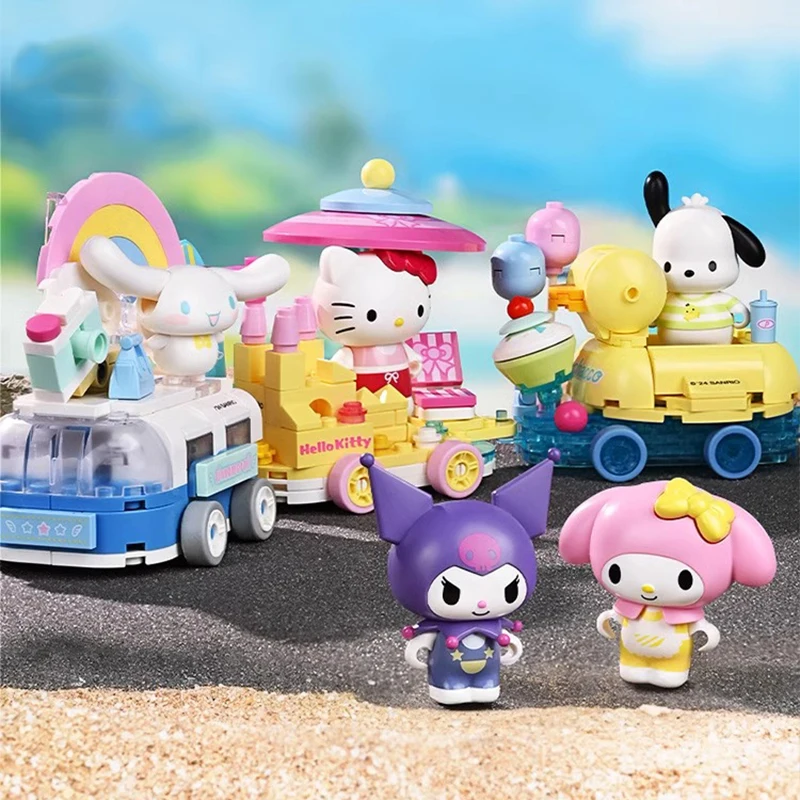 Sanrio-bloques de construcción de la serie de coches de flores, Kuromi Hello Kitty, melodía, muñeco de Anime, modelo de ladrillos, juguetes DIY, regalos para niños