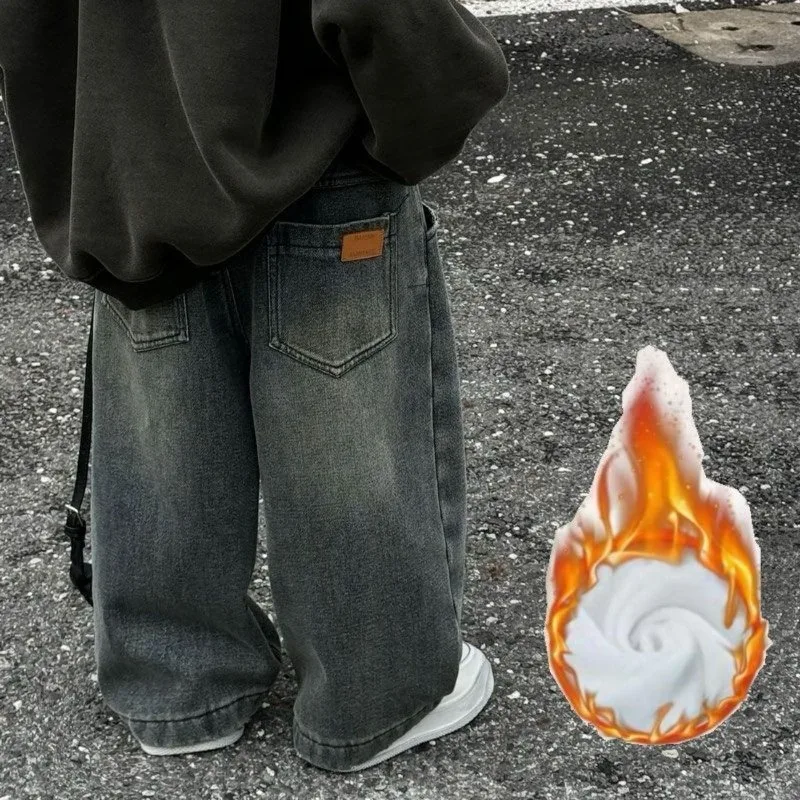 ¡2025 nuevos pantalones vaqueros coreanos de invierno con forro polar para niños: estilo retro vintage, cálidos y gruesos, suaves y agradables para la piel, de moda y versátiles! - imagen 3