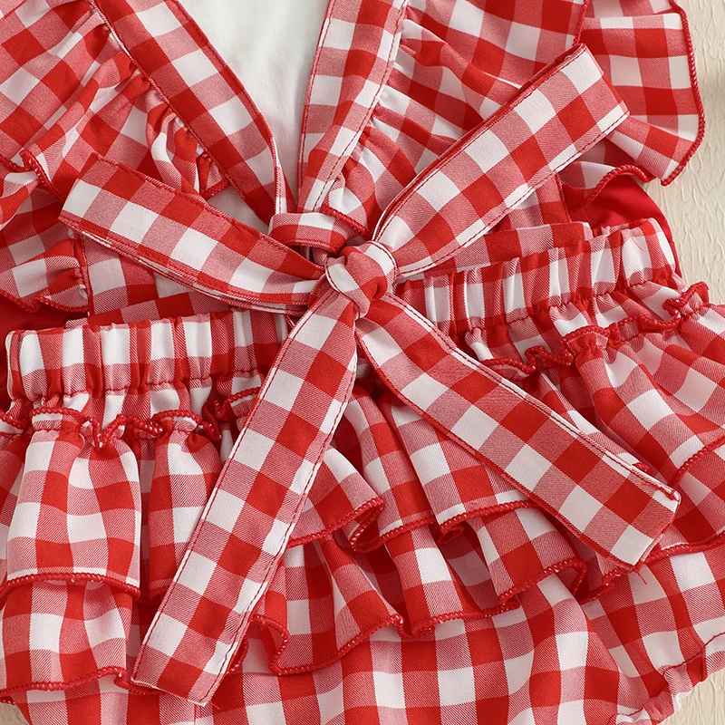 SUNSIOM Mameluco de cumpleaños para niñas, conjunto de mono y diadema con mangas voladoras y estampado de frutas a cuadros informal de verano - imagen 4