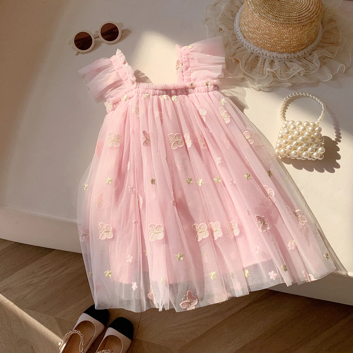 Lindo vestido de mariposa con tirantes de malla para niñas pequeñas, vestido de princesa de tul peludo, ropa informal de verano con bordado de flores para niñas pequeñas