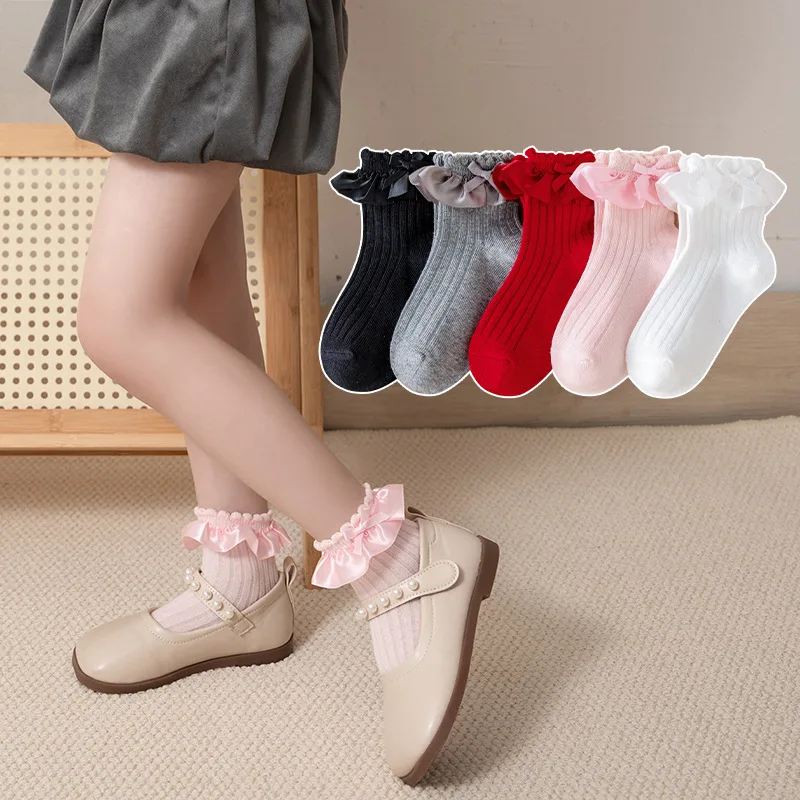 5 par/lote de calcetines de algodón suave para niñas pequeñas, calcetines de encaje para uniforme escolar para niños de 1 a 12 años - imagen 2