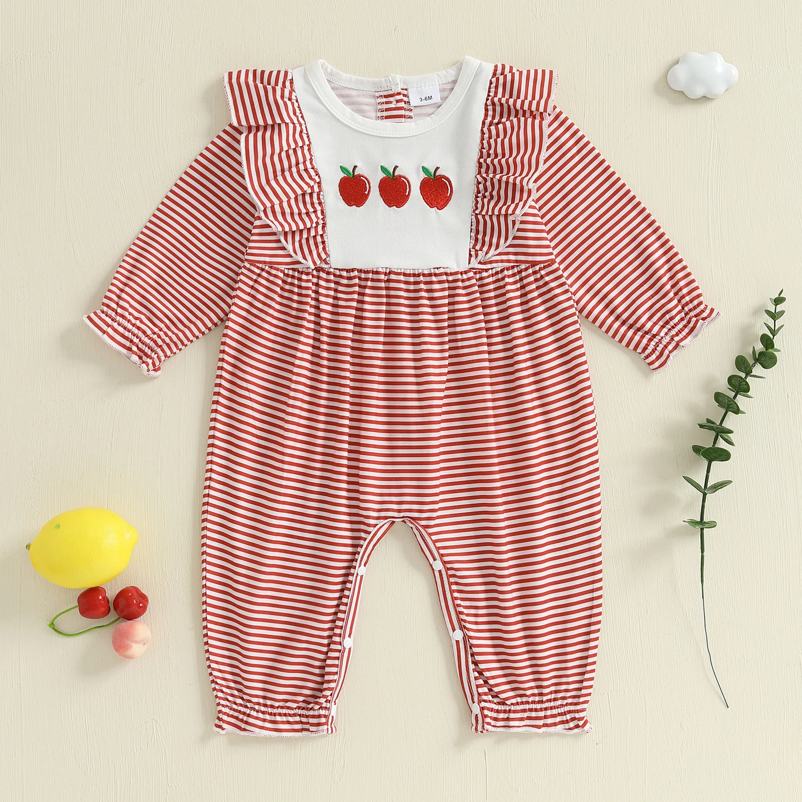 Mameluco informal para niñas recién nacidas, monos de manga larga a rayas con bordado de manzana/pato, ropa de moda infantil - imagen 2