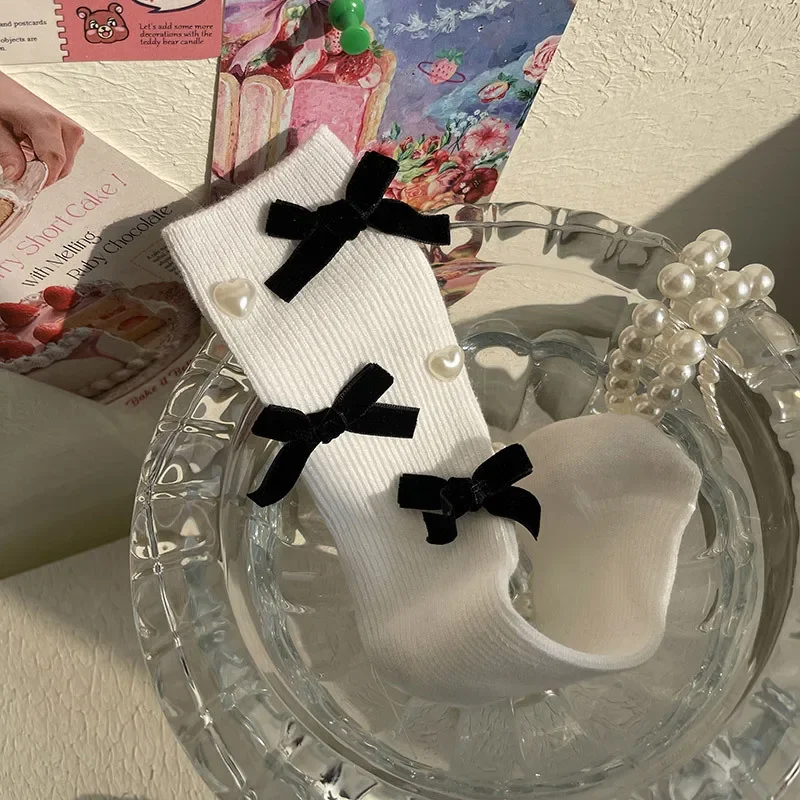 Calcetines para niña con lazo y perlas, calcetín escolar, accesorios de ropa, moda coreana, primavera y otoño, 1 par - imagen 3