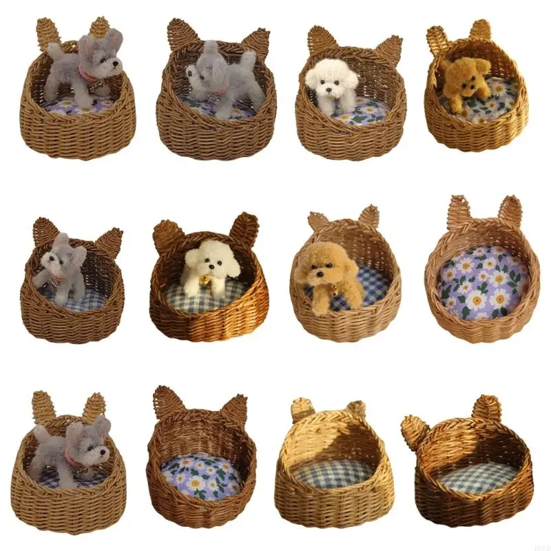 Cesta en miniatura para casas de muñecas, accesorios tejidos, accesorios de escena de puneta tejida, accesorio para casas de muñecas a escala 1/12