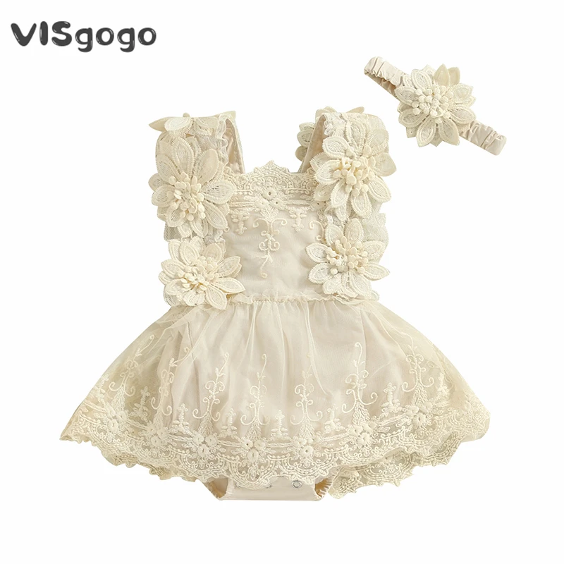 VISgogo-vestido mameluco para niñas, vestido de verano sin mangas con cuello cuadrado, bordado de encaje Floral, traje de princesa para fiesta, traje con diadema