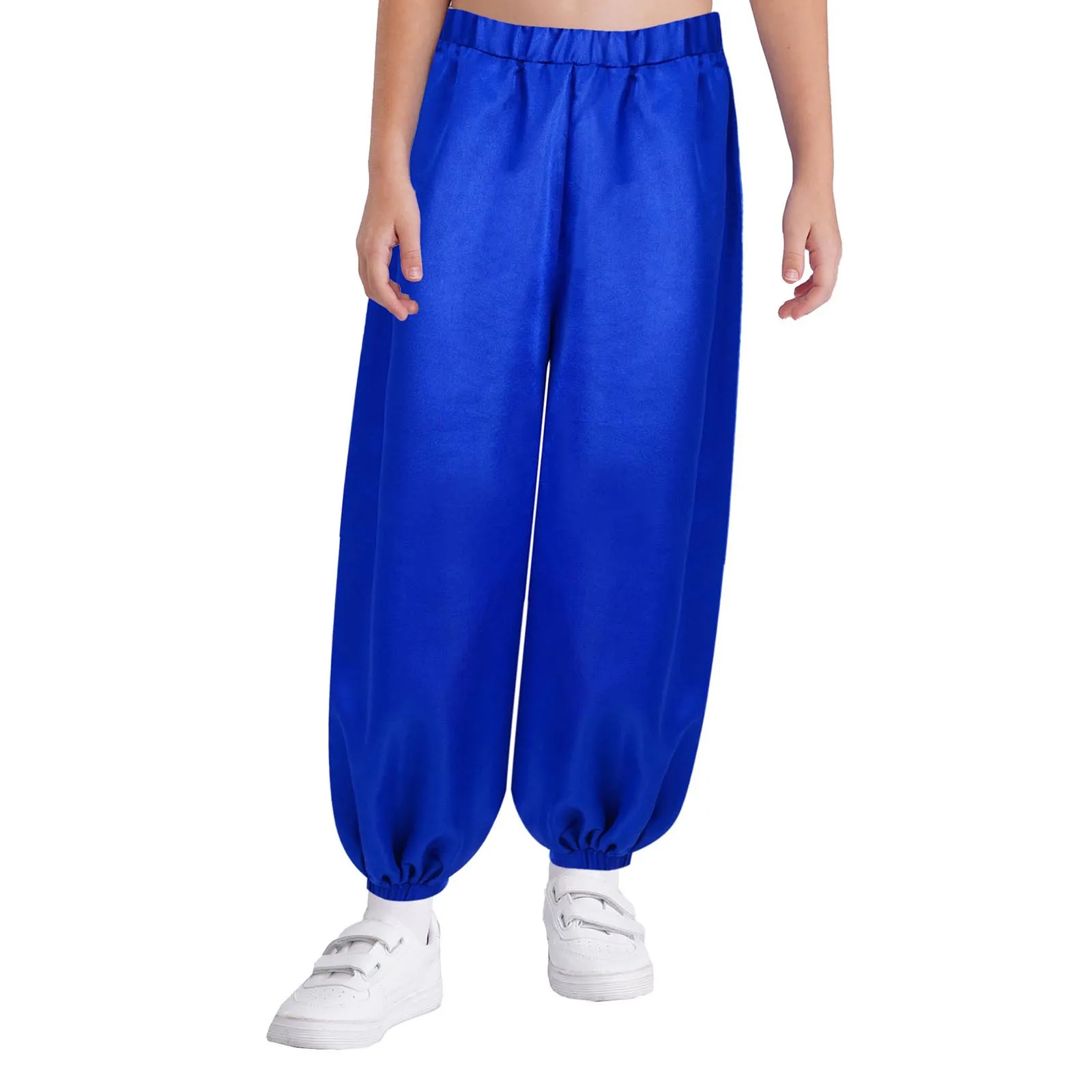 Pantalones de danza del vientre para niños y niñas, bombachos informales de satén con cintura elástica de Color sólido, disfraz de Príncipe Árabe puesta en escena - imagen 3