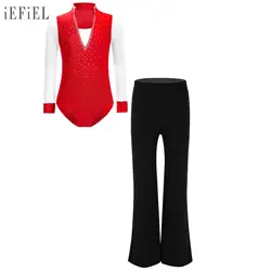 Traje de patinaje artístico para niños, Ropa de baile de malla transparente, leotardo de manga larga con diamantes de imitación y pantalones para competición de rendimiento