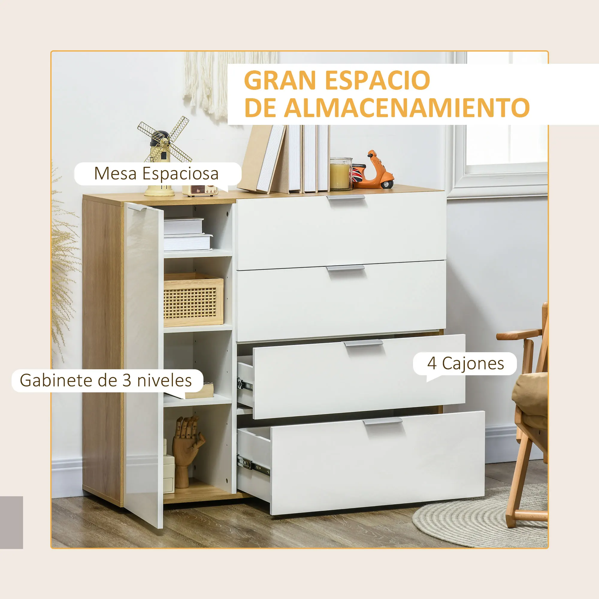 HOMCOM Aparador de Salón Cajonera y Cómoda con 4 Cajones de de Alto Brillo Puerta y Estantes Ajustables para Comedor Dormitorio 105x35x92 cm Blanco y Natural - imagen 3