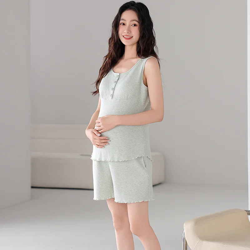 Ropa de casa para lactancia materna, pijamas para mujeres embarazadas, chaleco sin mangas fino de verano, pantalones cortos, conjunto de Modal de colores con cojín para el pecho - imagen 4