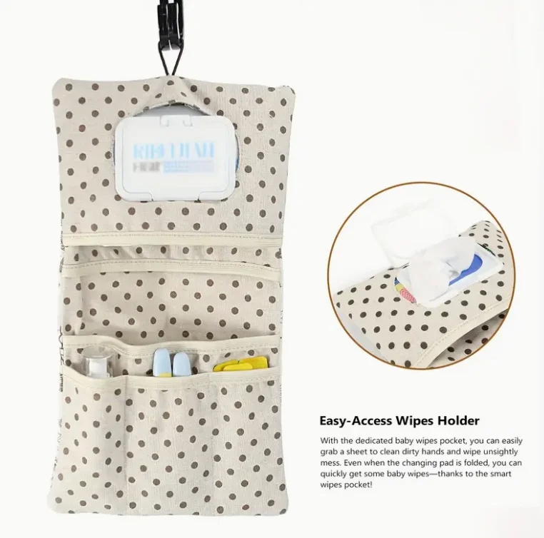 Bolsa de almacenamiento de pañales portátil y organizador de toallitas húmedas con múltiples compartimentos, bolsillo con cremallera y etiqueta colgante, bolsa de aseo para mamá - imagen 5