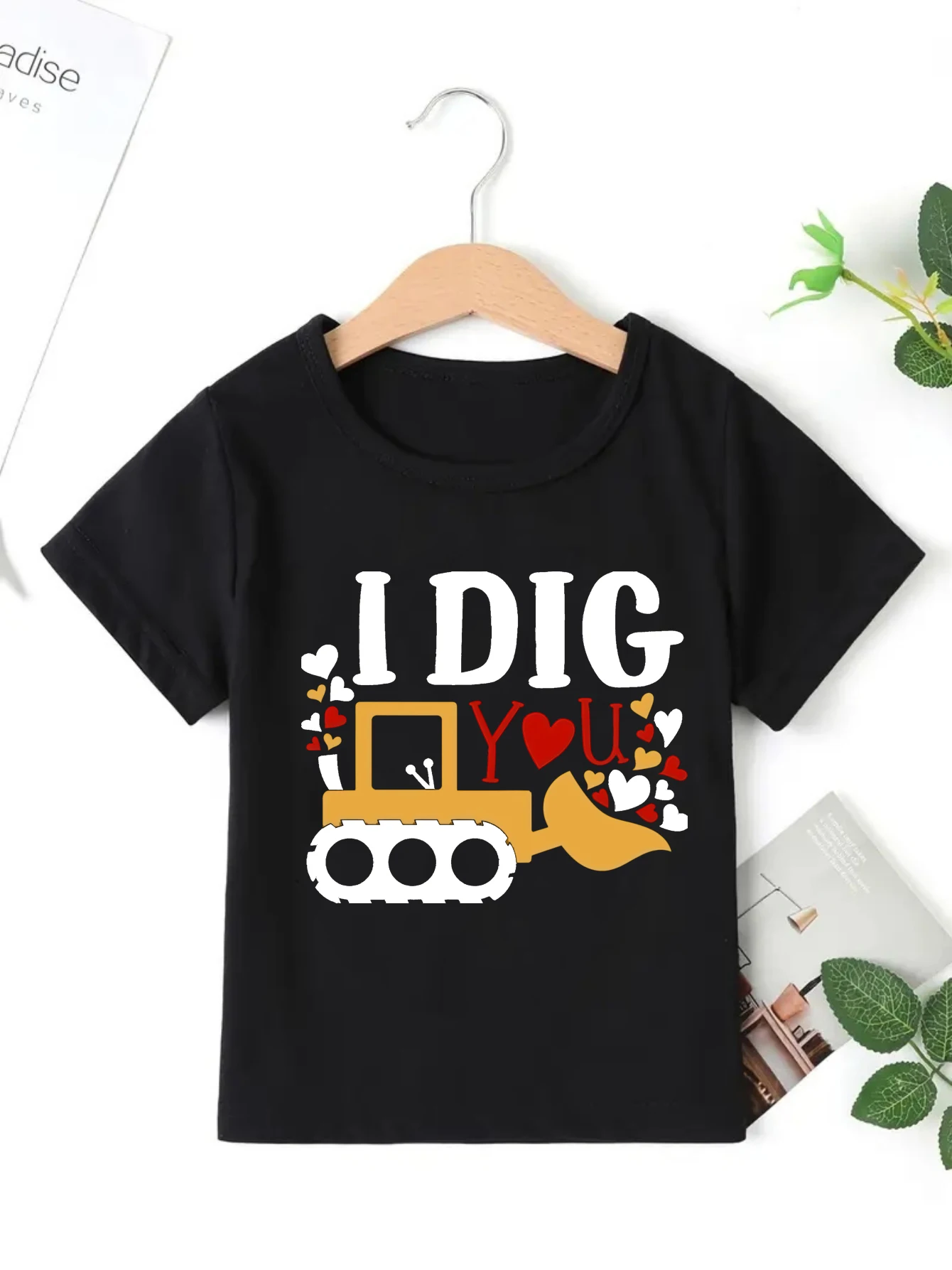 Camiseta con estampado de corazones de amor de excavadora I Did You, camiseta de regalo del Día de San Valentín para niñas/niños, ropa Kawaii para niños, camiseta divertida de verano - imagen 2