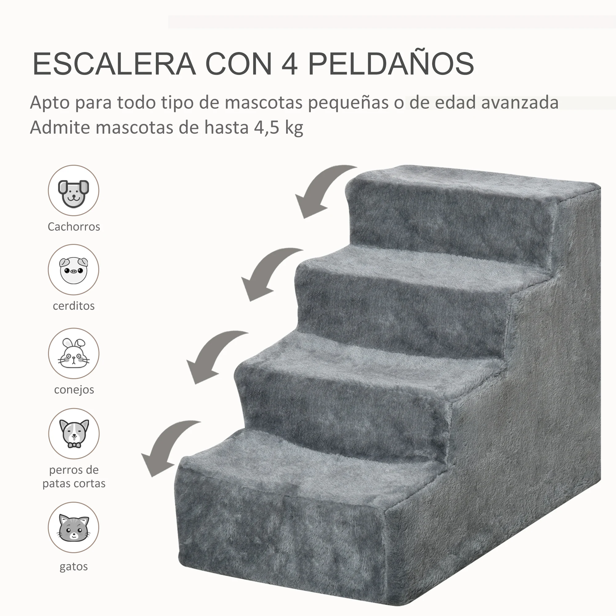 PawHut Escalera para Mascotas de 4 Peldaños 2 en 1 con Funda Extraíble y Lavable Escalera Rascadora de Perros Gatos para Cama Sofá Carga 30 kg 60x35x44 cm Gris - imagen 4
