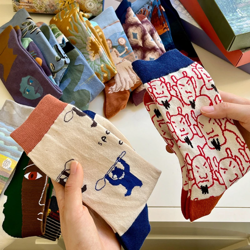 4 Uds Serie Monet calcetines de lona estilo mujer Otoño Invierno moda Retro calcetines de longitud media medias de algodón accesorios de ropa - imagen 3