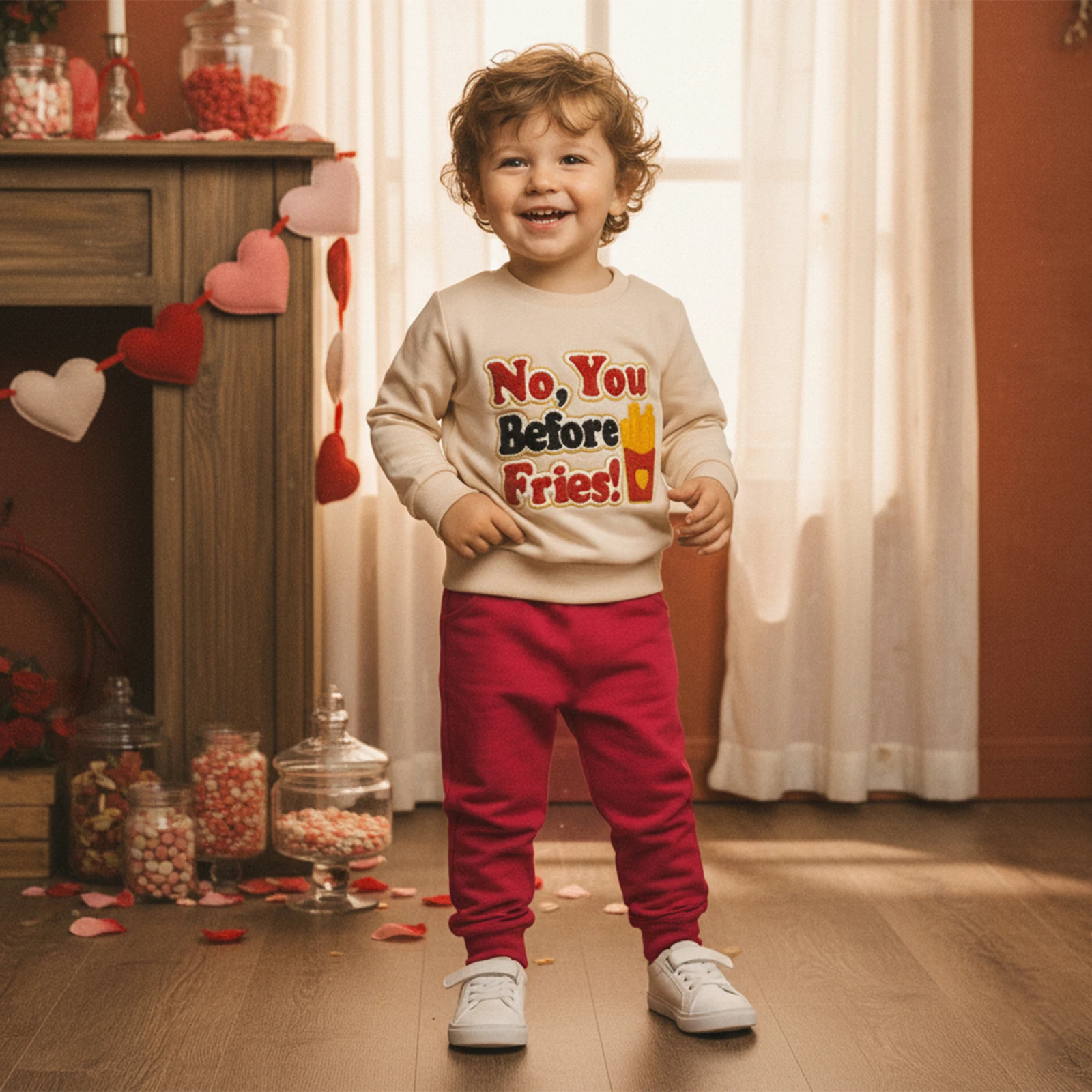 Tenues de printemps pour tout-petits garçons, pull à manches longues + pantalon uni avec lettres brodées de frites