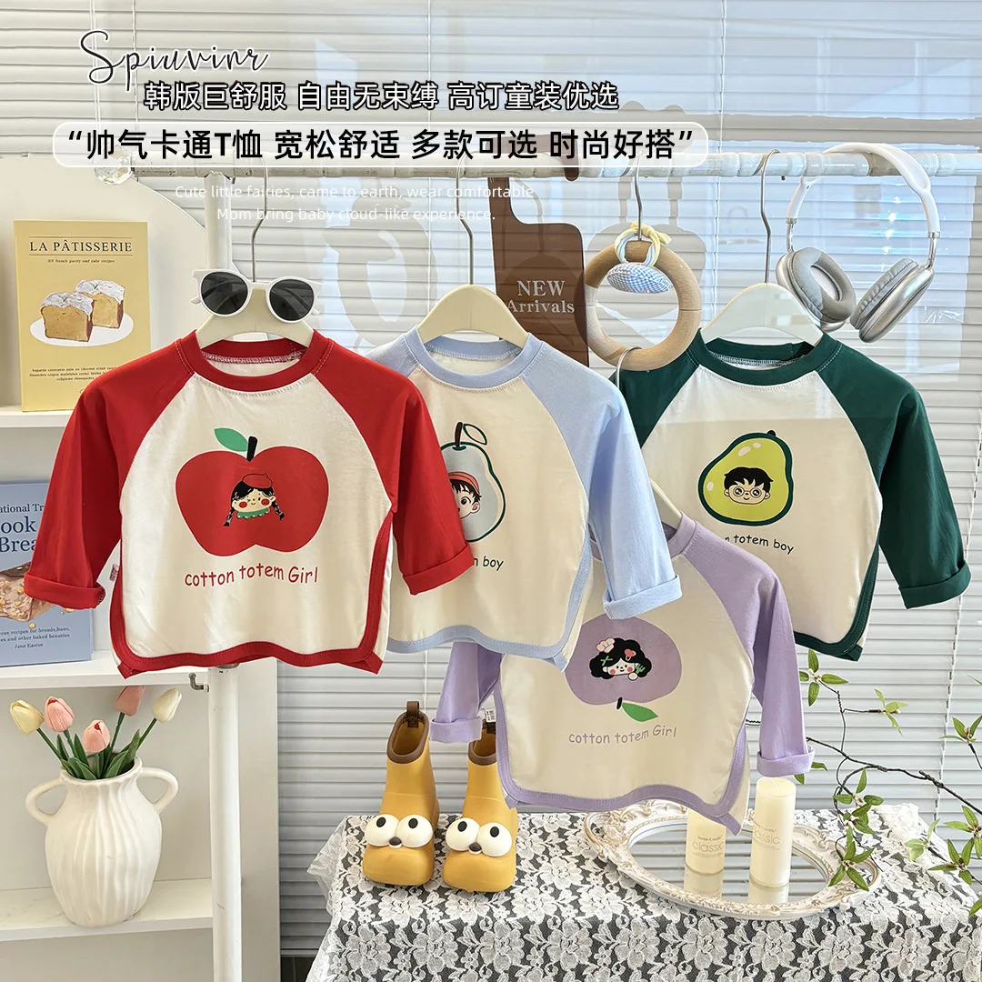 Primavera otoño nueva camiseta de manga larga para niños camisa básica de algodón versátil coreano de moda Tops estampados ropa Unisex para niños
