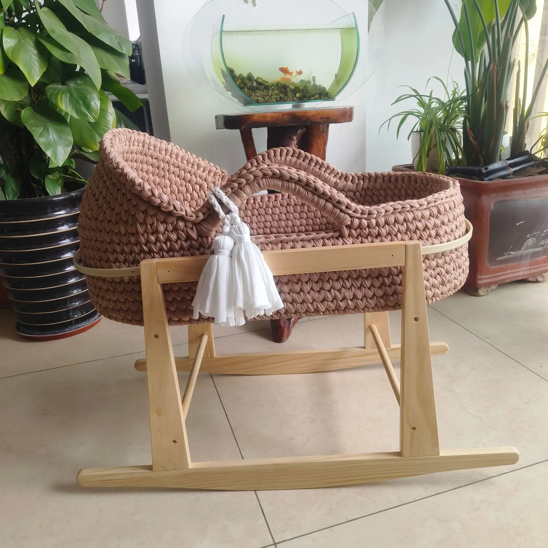 Cuna de una sola capa de ganchillo a mano, marco de mano, cuerda de algodón tejida, tira de tela para cuna, mano tejida para recién nacido - imagen 3