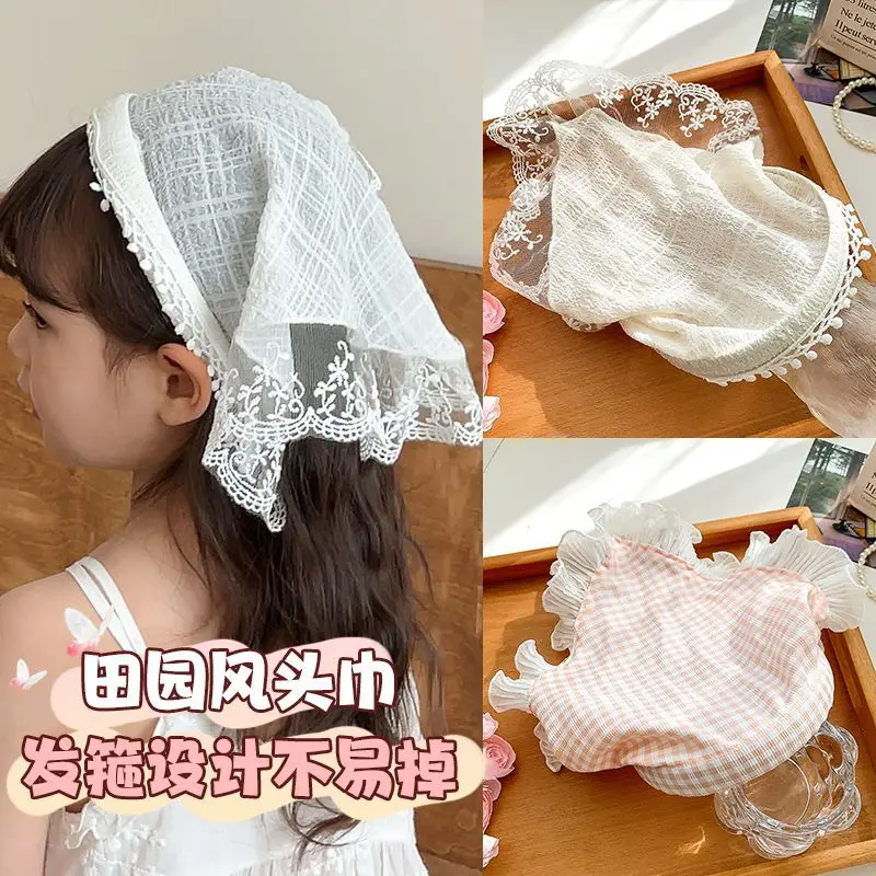 Pañuelo para la cabeza de princesa con volantes a cuadros de colores para niños coreanos, diadema antideslizante con borde de encaje, bufanda triangular, diadema para niñas y bebés, horquilla - imagen 4