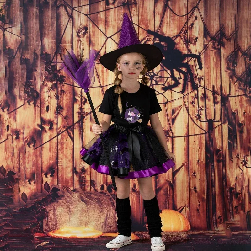 Falda de gasa Pengpeng para niños, Ropa para Niñas, sombrero de bruja de Halloween, conjunto de falda de pastel de escoba para fiesta de 3-8 años, conjuntos de vestido de baile para niños - imagen 3