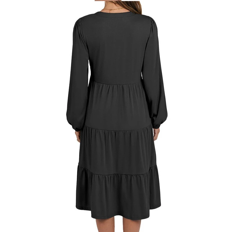 Vestido de temperamento europeo y americano para Halloween, cintura ajustada, mangas largas, liso, cuello en V, falda acampanada, falda con borde de hoja de loto ﻿ - imagen 5