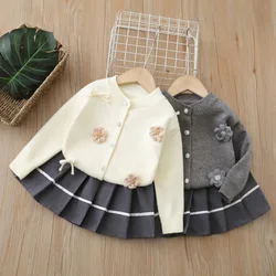 MILANCEL Conjunto suéter cárdigan y falda con lazo flores niña otoño