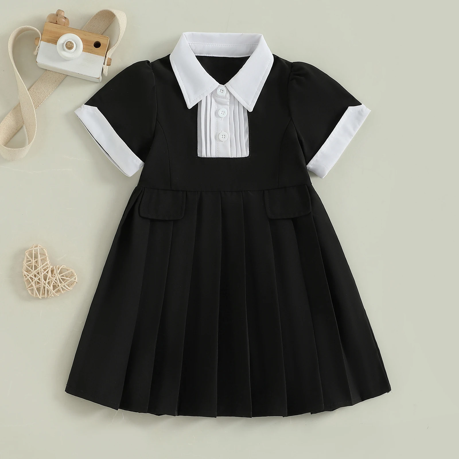 VISgogo Vestido de verano para niña, manga corta, cuello de solapa, plisado, corte en A, vestido informal para niño