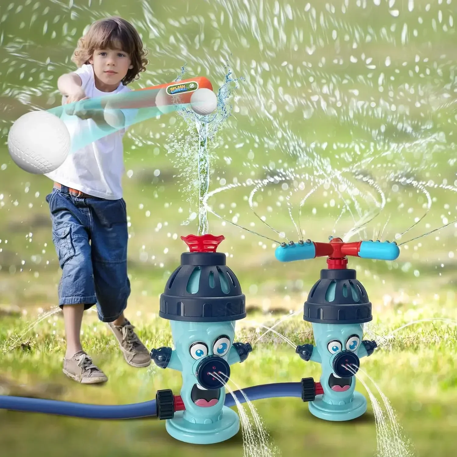 Juego de rociadores de agua 2 en 1 para niños, máquina de lanzamiento de béisbol, juguete de rociador de agua hidratante con 2 cabezales de rociador, 4 bolas