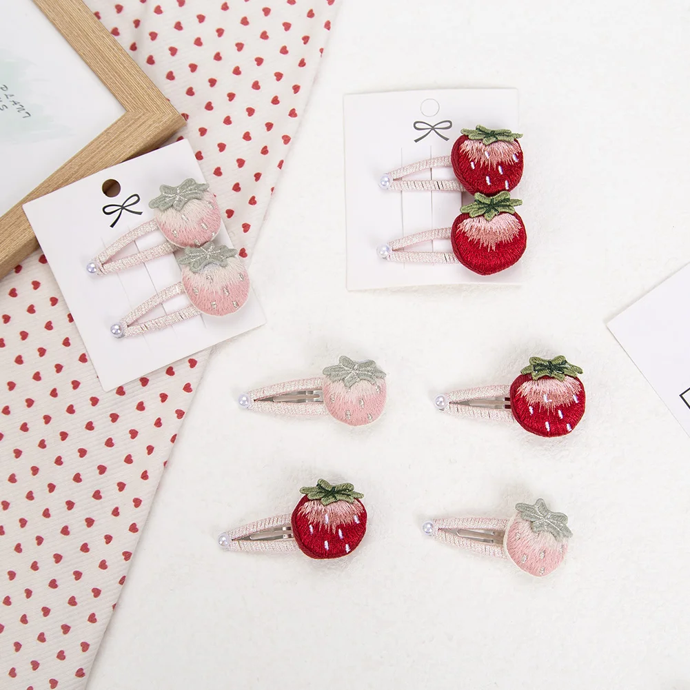 Horquillas con lazo fresa para niñas pequeñas, perlas bordadas - imagen 3