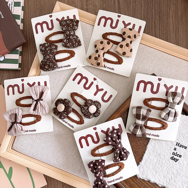 Pinzas para el cabello con lazo coreano para niñas, accesorios para el cabello para otoño e invierno, Clip BB con flequillo de flores de tela, sombreros marrones dulces para niños