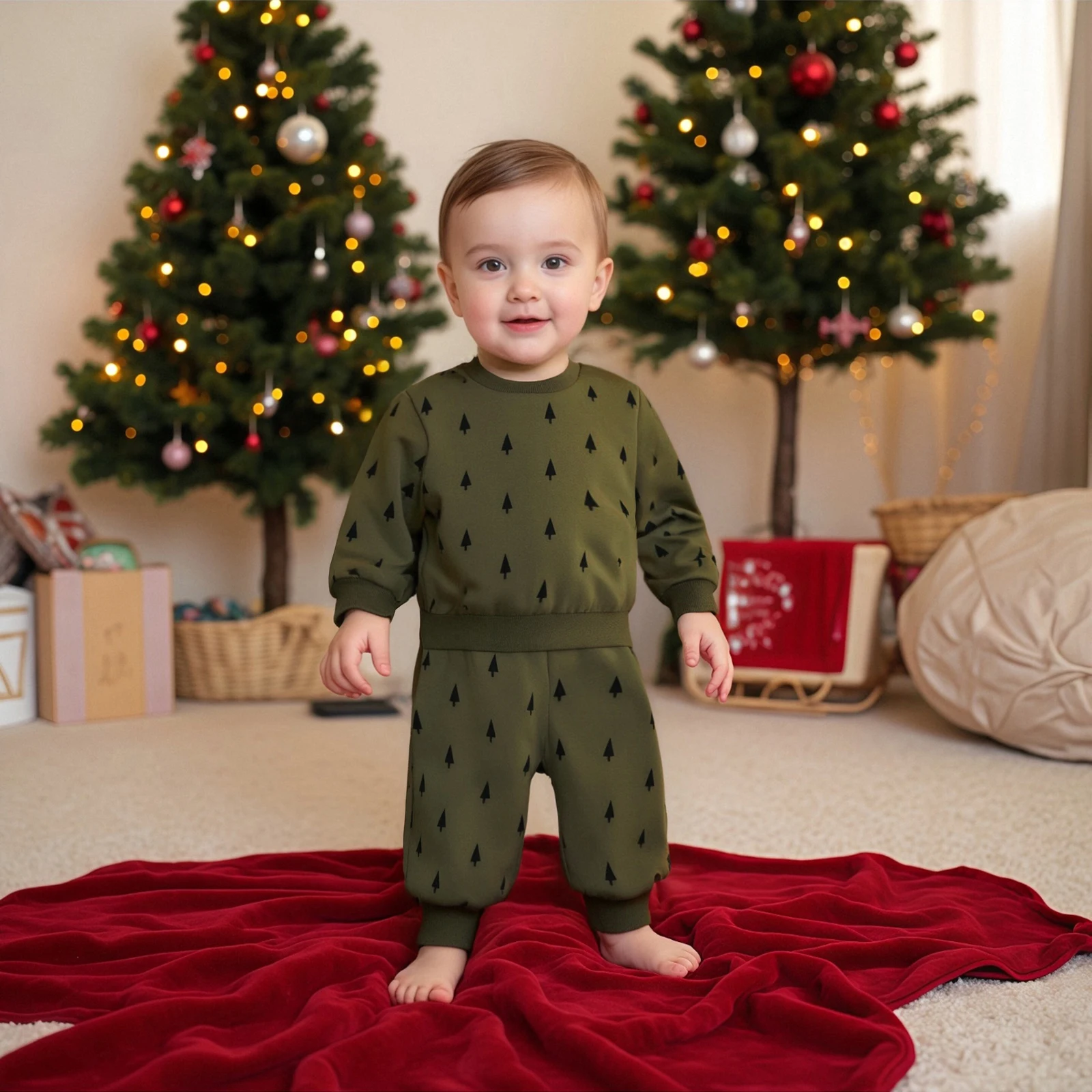 Conjunto de 2 piezas de sudadera y pantalones de manga larga con estampado de árbol de Navidad para bebé y niño pequeño