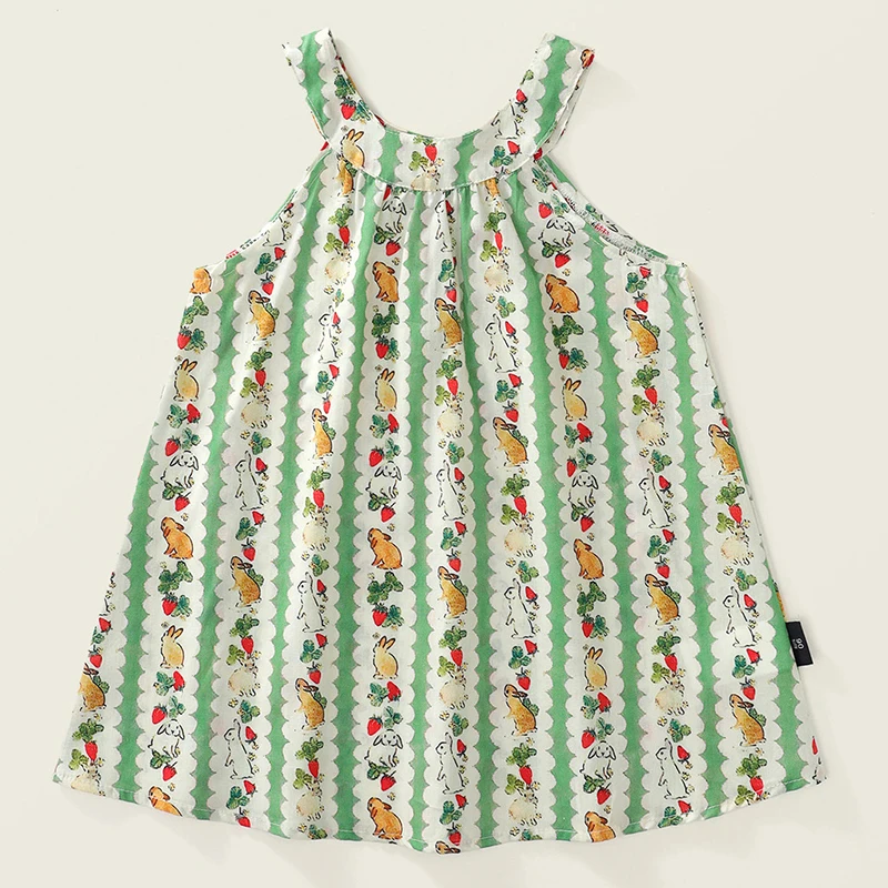 2025 nueva ropa de verano para niñas pequeñas vestidos para niños pequeños moda coreana dibujos animados lindo estampado raya sin mangas vestido de algodón para niños BC1055