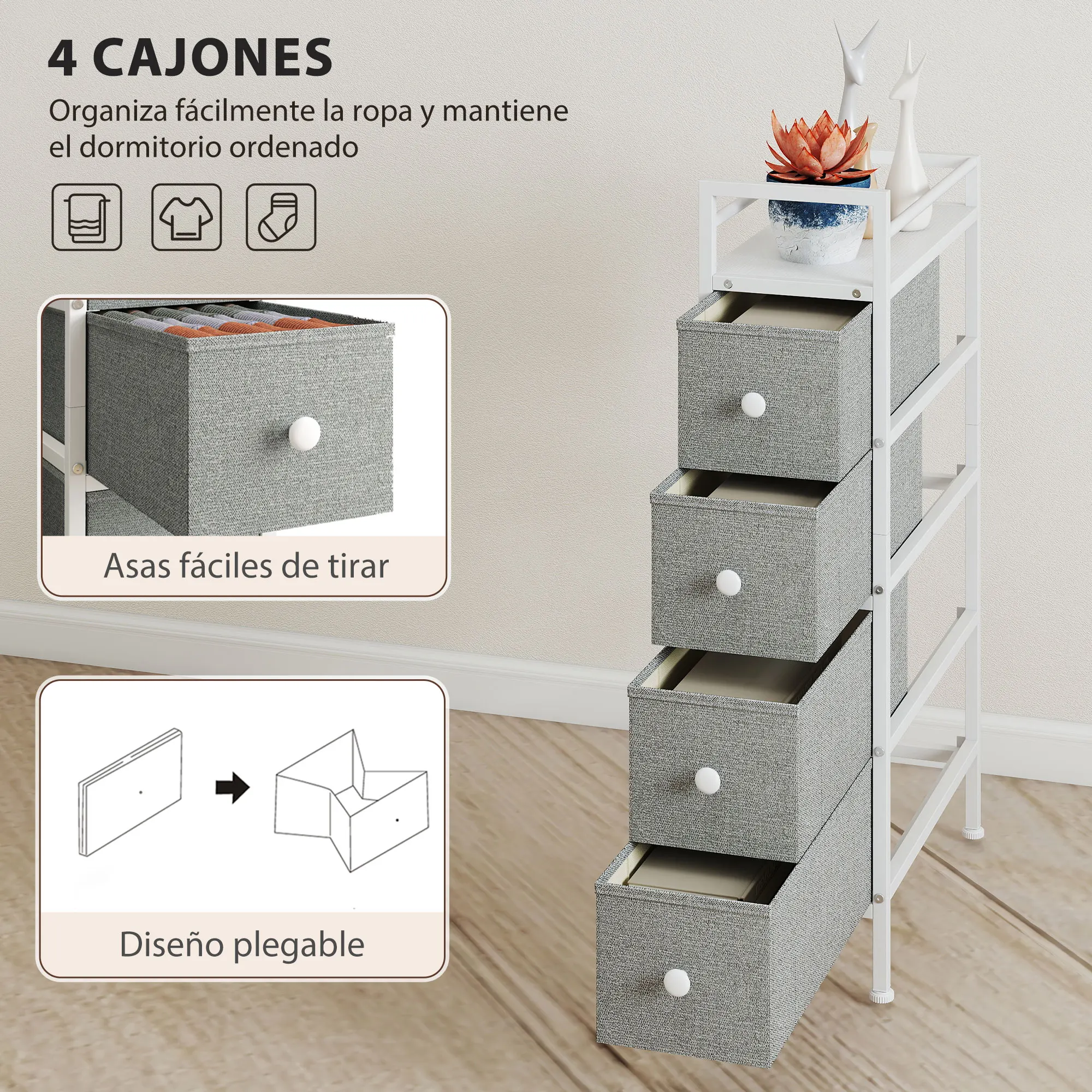 HOMCOM Cómoda con 4 Cajones de Tela, Cómoda para Dormitorio Estrecha con Marco de Acero, Cajonera para Espacios Pequeños, Sala de Estar, Vestidor, Baño, Gris Claro - imagen 5