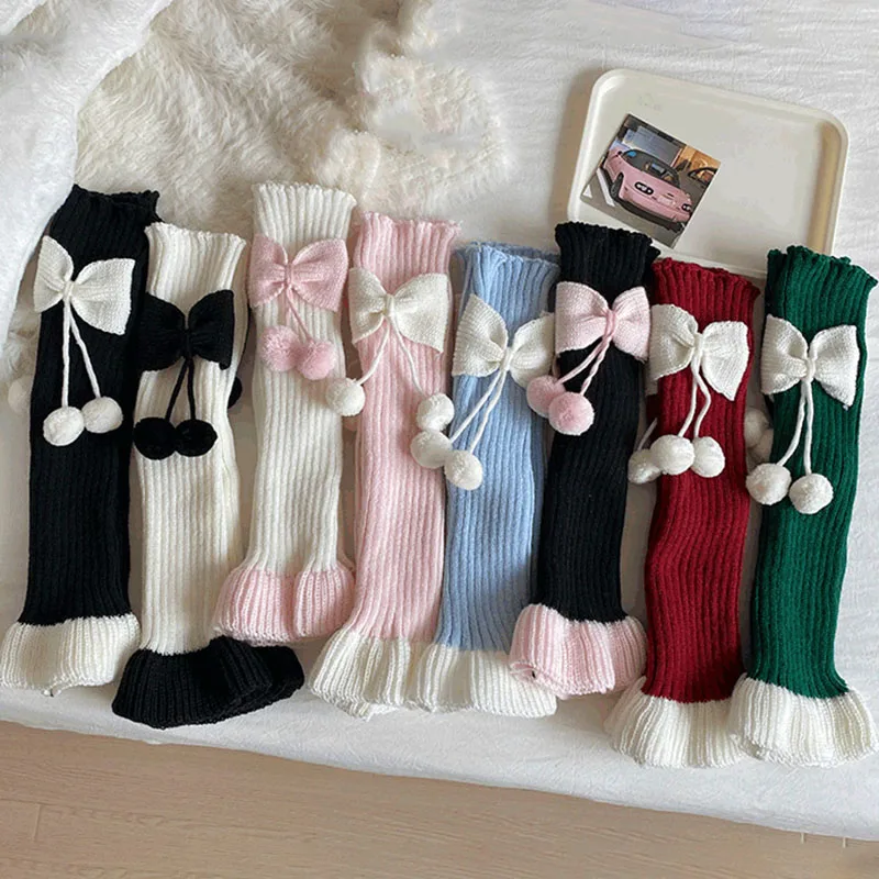 Calcetines sueltos coreanos Kawaii con bonito lazo para niños y niñas, calentadores de piernas con lazo de Lolita, mallas escolares cálidas de algodón y lana tejidas para niños - imagen 2