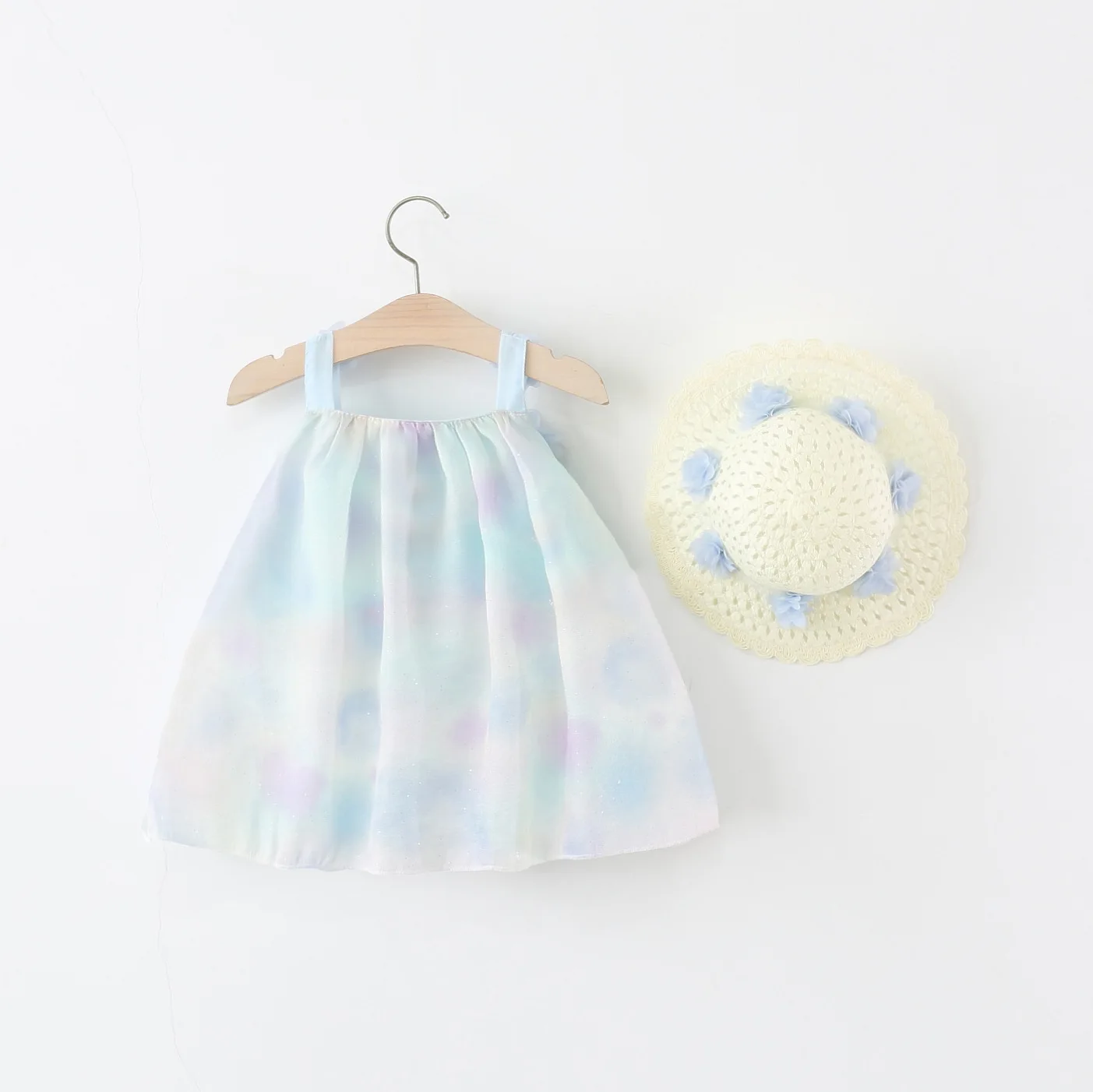 Vestido de bebé con flores – Malla azul de verano sin mangas - imagen 3