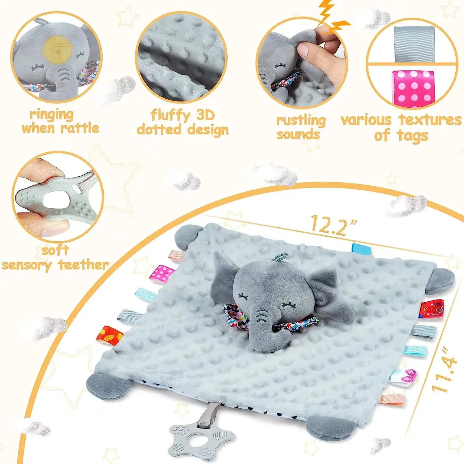 Manta de seguridad para bebé con etiquetas, juguetes de peluche suaves con relleno de animales, juguete sensorial calmante y encantador, bonito tela de punto Minky, acogedor - imagen 5