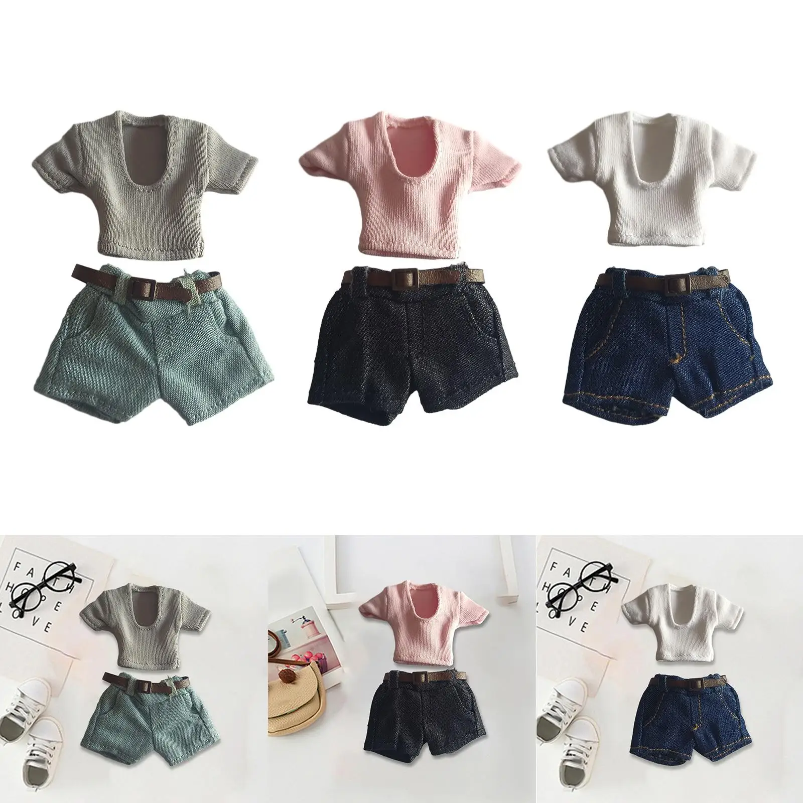 1/12 Scale Action Figures Clothing with Belt Cosplay Outfits Action Figure Clothes T Shirt Shorts Set for 6'' Female Figure Doll