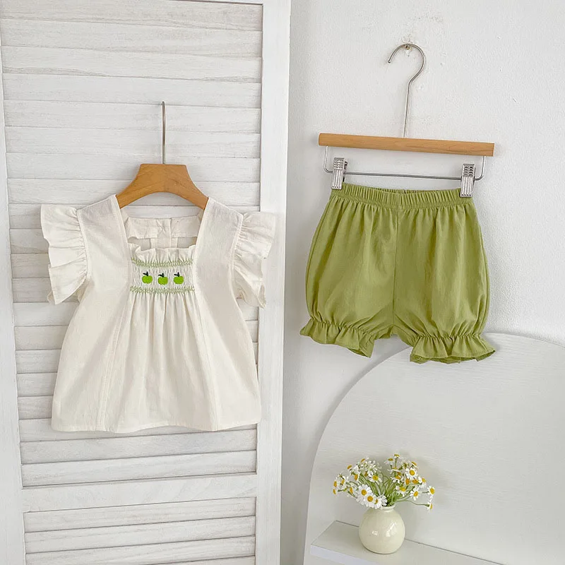 MILANCEL, nuevo conjunto de ropa de verano para bebés de 0 a 24 meses, camisa bonita con bordado de flores para niñas y pantalones cortos, traje fino y cómodo para niños pequeños, 2 uds. - imagen 3