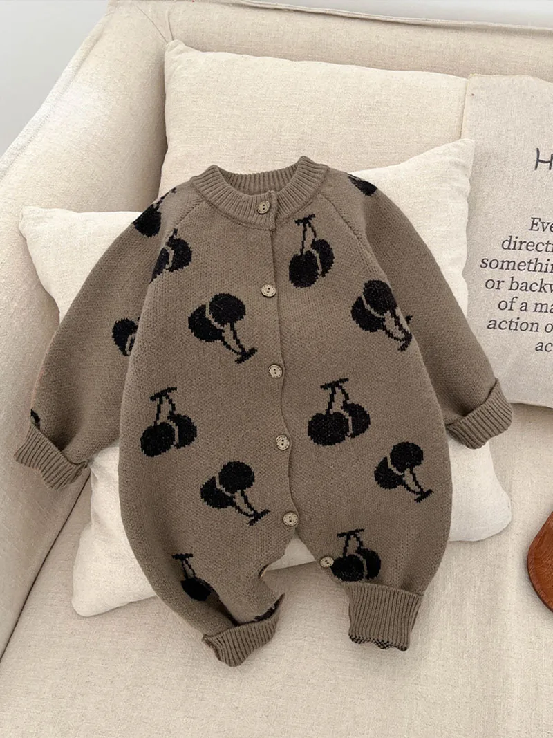 MILANCEL nuevo otoño peleles de bebé 0-3T lindo tejido cereza niñas mono de una sola botonadura dulce suelto infantil de una pieza