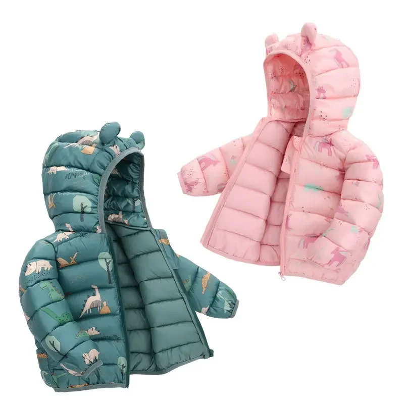 Chaquetas de plumón ligeras con capucha para niños y niñas, abrigos cálidos con estampado de dinosaurio de dibujos animados, ropa informal de otoño - imagen 5