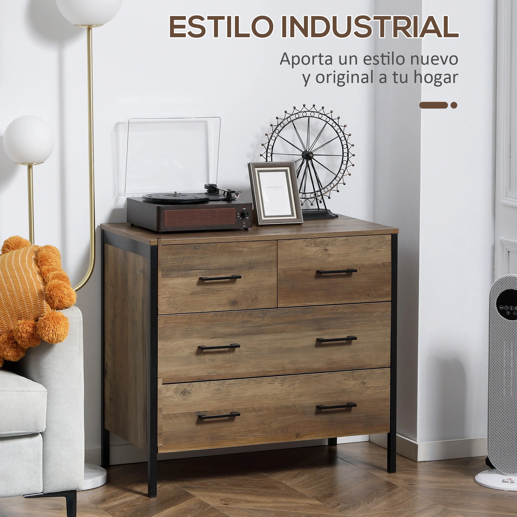 HOMCOM Cajonera con 4 Cajones Cómoda de Dormitorio de Madera Mueble Almacenaje para Salón Habitación Oficina Estilo Industrial Antivuelco 80x40x75 cm Marrón - imagen 4