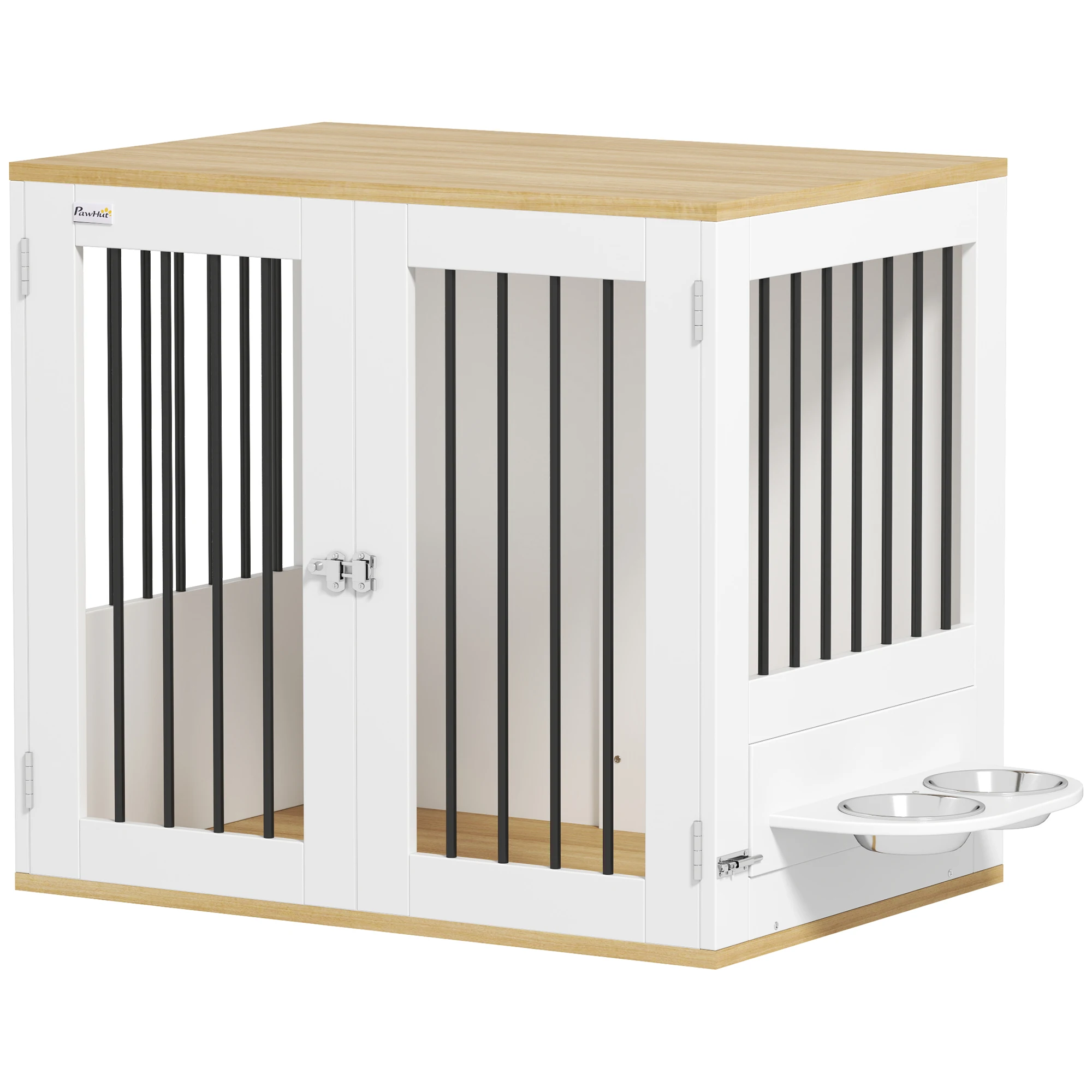 PawHut Jaula para Perros Medianos 2 en 1 Mesa Auxiliar con 2 Puertas con Pestillo Comedero Giratorio de 360° 2 Cuencos y Almohadillas Antideslizantes 80x55x71,5 cm Blanco