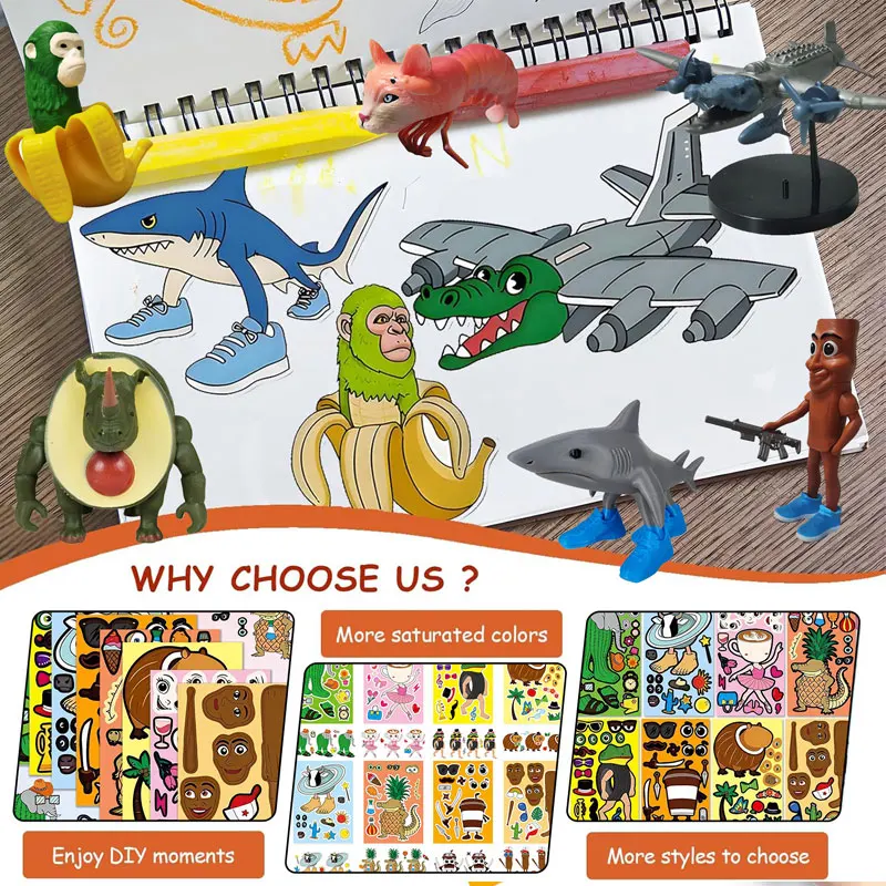 Juego de pegatinas de cerrojo italiano, 8/16 hojas, pegatinas de rompecabezas de Tung Sahur, hacer una cara, rompecabezas divertido para montar, juguetes educativos para niños