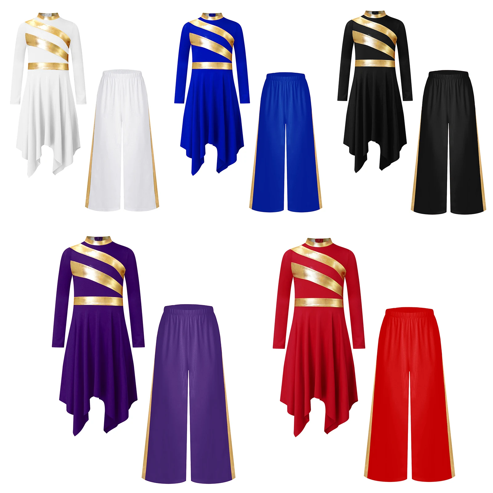 Conjuntos de baile de adoración de alabanza para niñas, disfraces de coro de iglesia, vestido de retazos metálico con dobladillo asimétrico de manga larga y pantalones - imagen 2