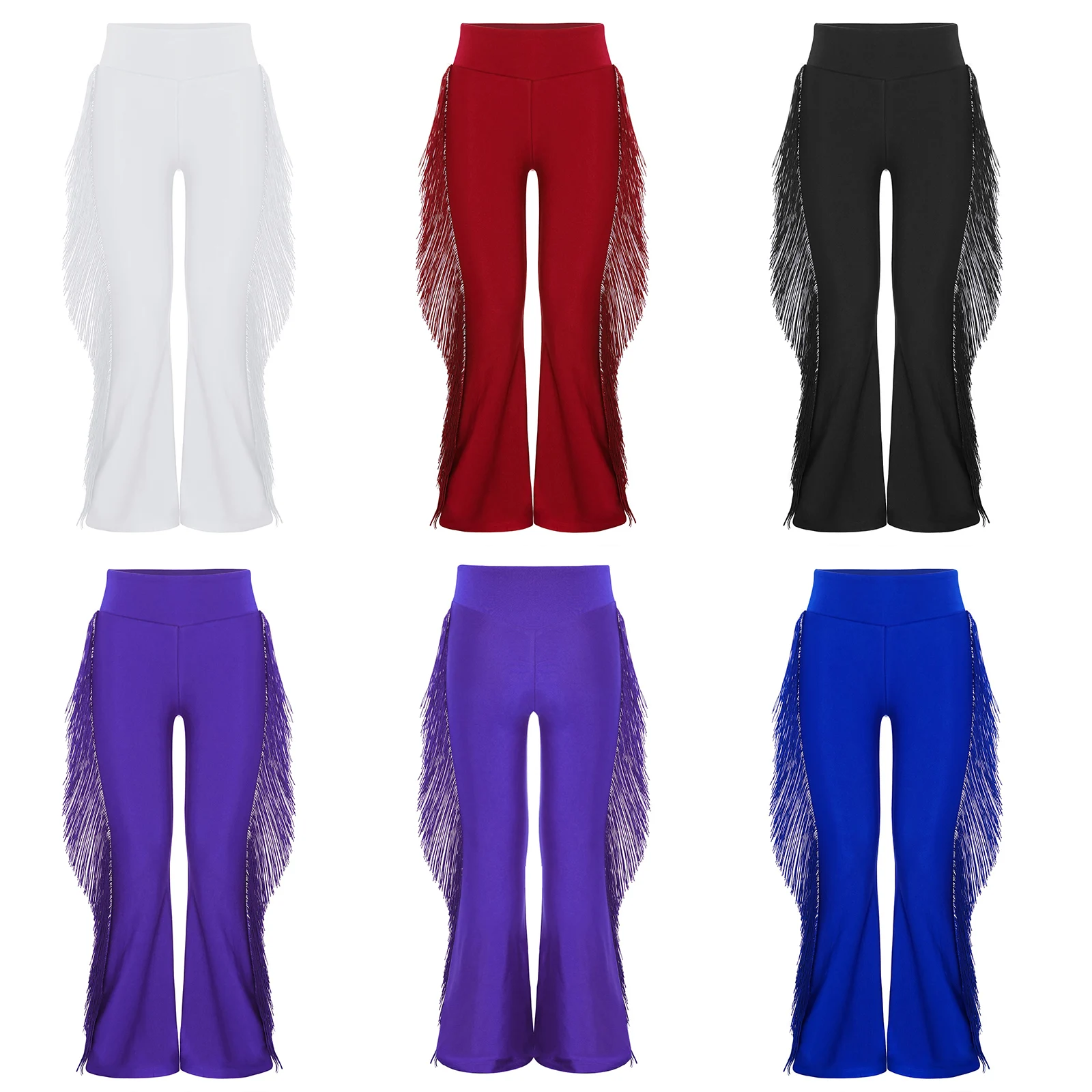 Pantalones de baile latino para niños, traje de baile de salón, cintura elástica, borlas, pantalones con parte inferior acampanada, Ropa de baile de Jazz y Ballet - imagen 2