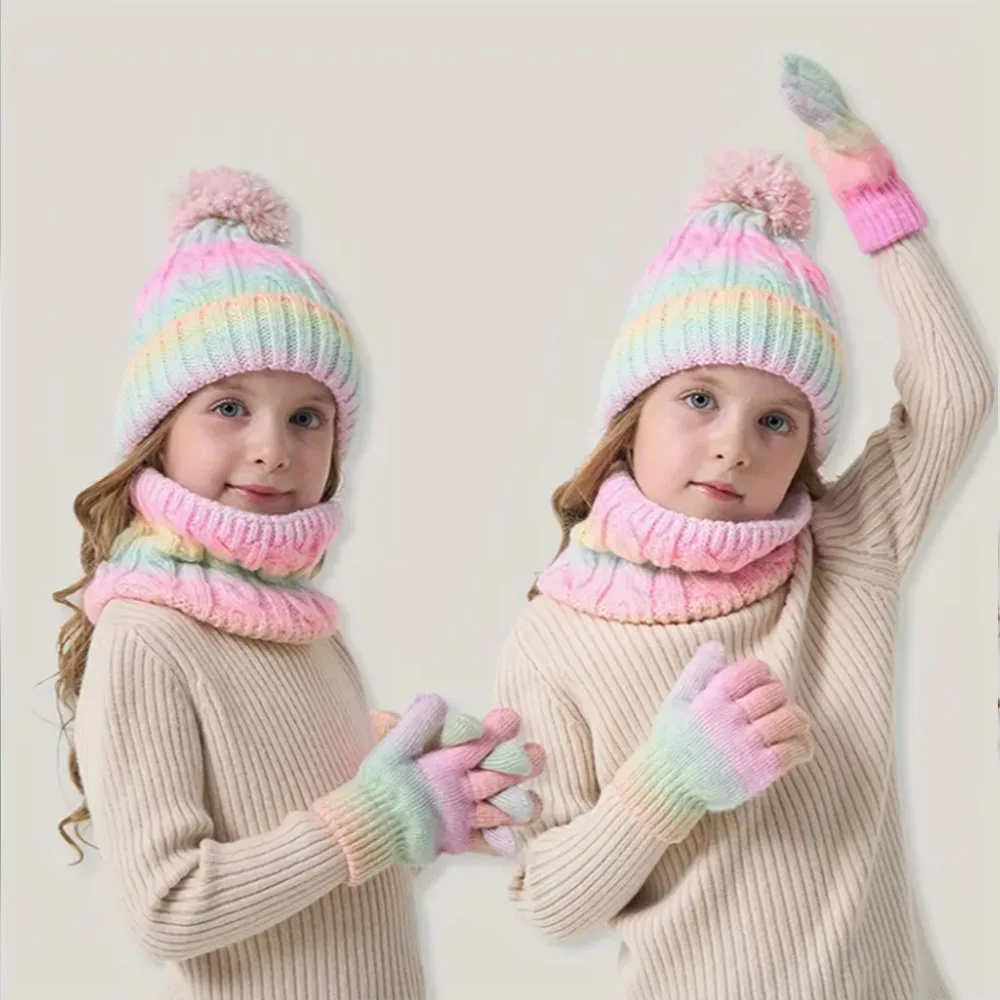 Juego de gorros para niños de 3 piezas • 3-8 años, bufanda y guantes de punto grueso y cálido para invierno y otoño, gorra con protección para los oídos de doble bola a la moda para niños y niñas