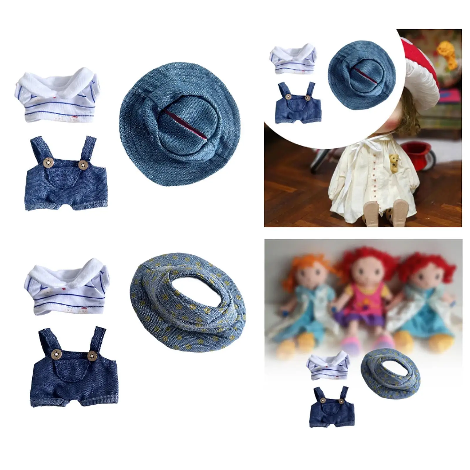 3x Fashion Dolls Suspender Pants with T Shirt Hat, Miniature Clothes Accessory, Handmade Clothing for 15-17cm Dolls
