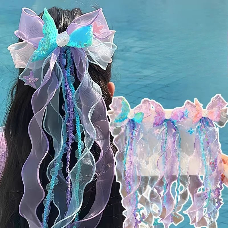 1 pieza dulce sirena de dibujos animados niños niña Clip de pelo azul púrpura brillo mancha Color perla borla horquilla moda sombreros para niños