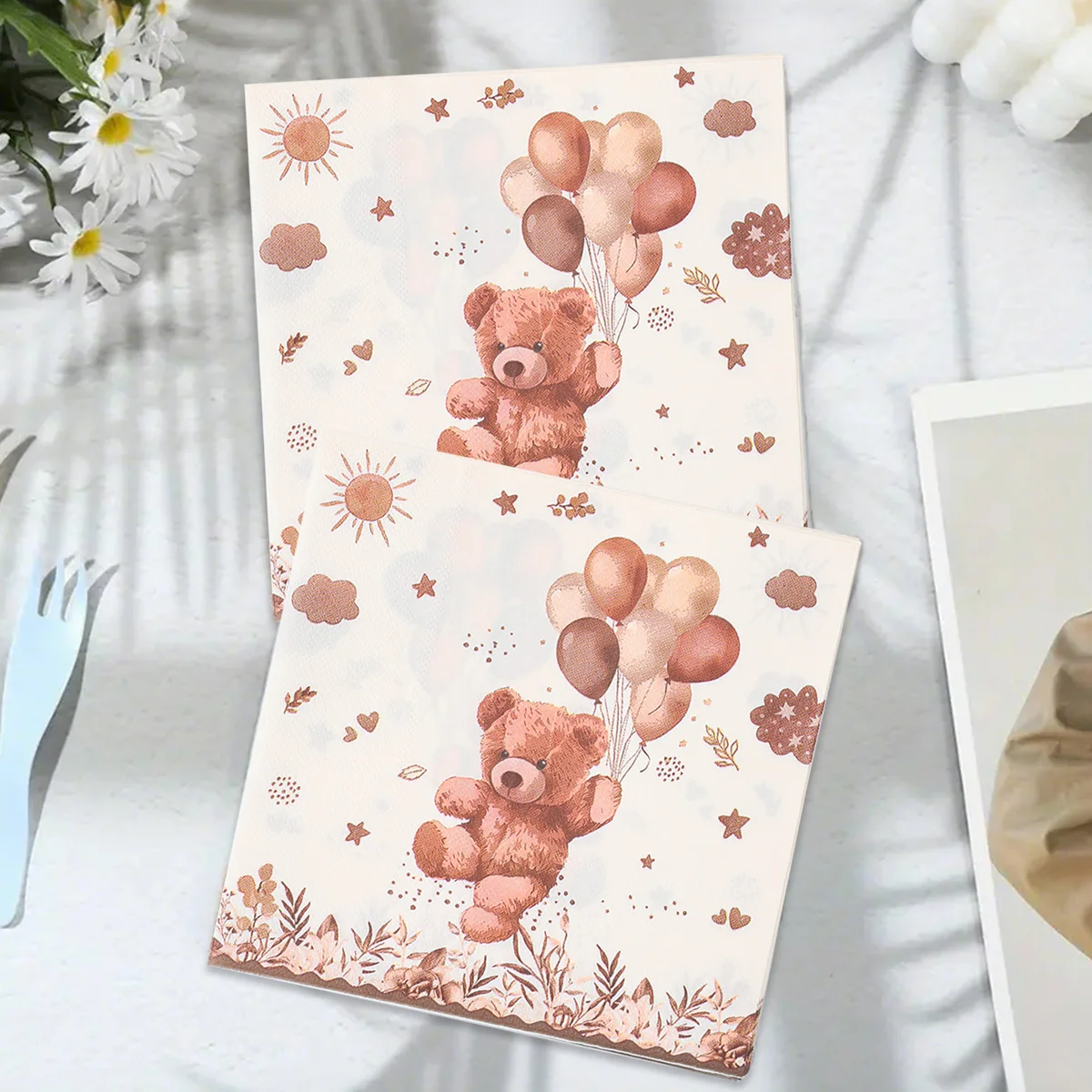 Vajilla desechable de 20/24 Uds., globo de oso de peluche marrón, servilleta de papel, decoración para fiesta de feliz cumpleaños, suministros para Baby Shower para niños y niñas - imagen 4